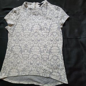 Grey and White Dressy Patterned Short Sleeve Top